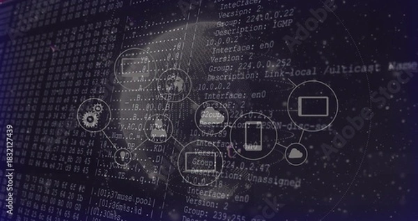 Obraz Displaying transparent circular network diagram over dashboard, with laptop phone cloud gear icons