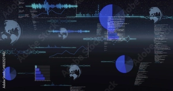 Fototapeta Displaying digital HUD dashboard on dark monitor, showing globe icons, waveforms, bar chart, code