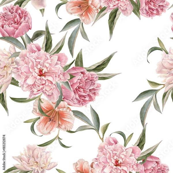 Fototapeta Floral seamless pattern with peonies and lily