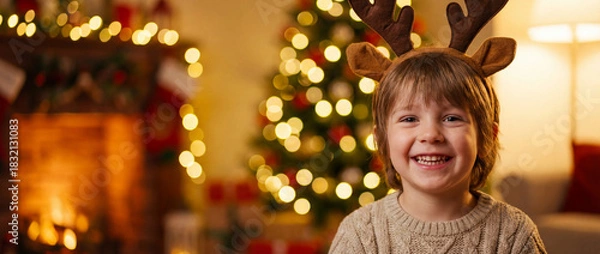 Fototapeta Christmas joy of a child: a smiling child wearing festive reindeer antlers radiates pure joy, set against a backdrop of a warm fireplace and illuminated Christmas tree. Christmas banner