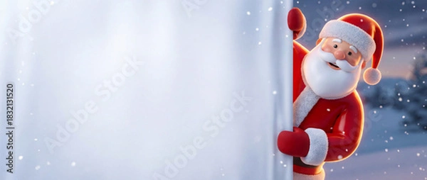 Fototapeta Festive Santa Claus with Holiday Banner A cheerful Santa Claus figure, decked out in his traditional red and white attire, emerges from behind a blank banner, with falling snow.