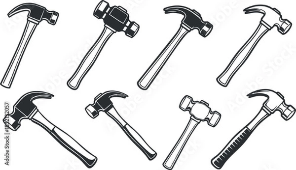 Fototapeta A set of various hammer illustrations in black and white outline vector style, ideal for construction and DIY projects