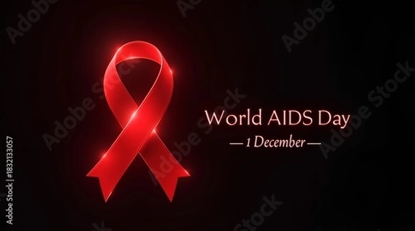 Fototapeta Powerful awareness-themed World AIDS Day artwork with a bold glowing red ribbon, elegant and refined “1st December” text, contemporary clean design style, and high-contrast dark background for maximum