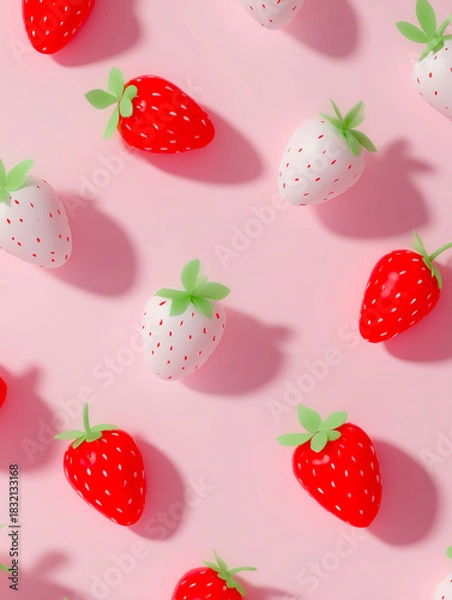 Obraz ピンクの背景に並べられた赤と白のイチゴのクローズアップパターン