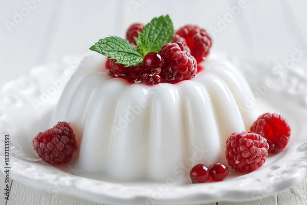Obraz Panna Cotta with Fresh Raspberries
