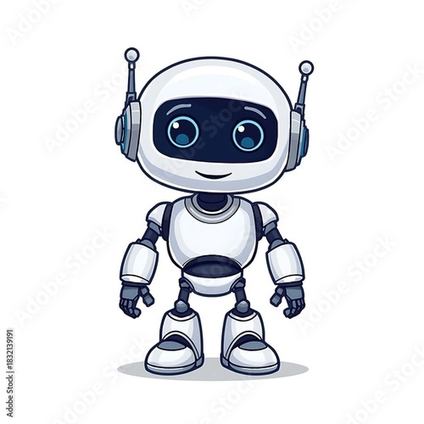 Fototapeta Adorable cartoon robot with big blue eyes and antennas standing against a white background representing artificial intelligence and technology