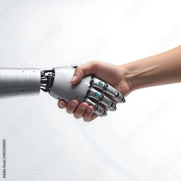 Fototapeta Close up of a human hand shaking hands with a futuristic robotic mechanical arm on a clean white background symbolizing collaboration