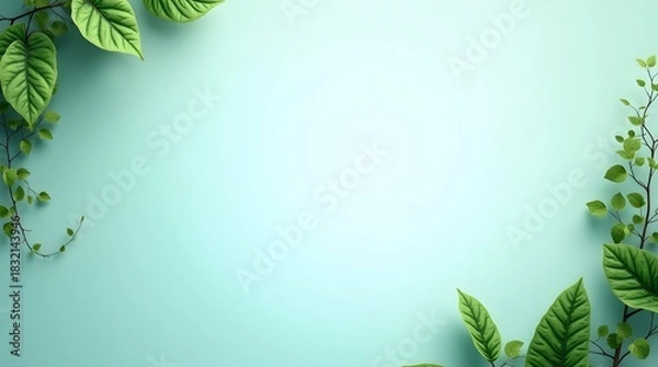 Fototapeta Elegant green leaves frame a serene aqua background for fresh spring designs