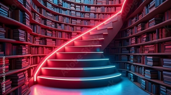 Obraz Stunning modern library with vibrant neon staircase for education, knowledge, and creative inspiration
