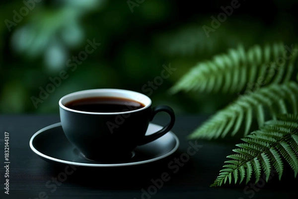 Obraz シダの葉と黒いカップのコーヒー