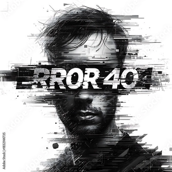 Fototapeta Distorted glitched portrait of a man with error 401 text overlay representing digital failure and identity crisis