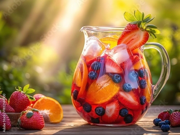 Fototapeta Vibrant berry sangria in a large glass pitcher, filled with fresh strawberries, oranges, and blueberries, with ice cubes catching the sunlight