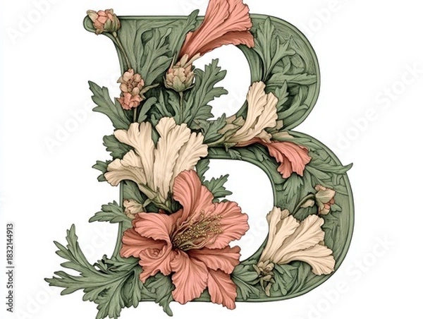 Fototapeta The "B" alphabet on a white background, containing an illustration with a pattern of flowers