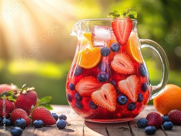 Fototapeta Vibrant berry sangria in a large glass pitcher, filled with fresh strawberries, oranges, and blueberries, with ice cubes catching the sunlight