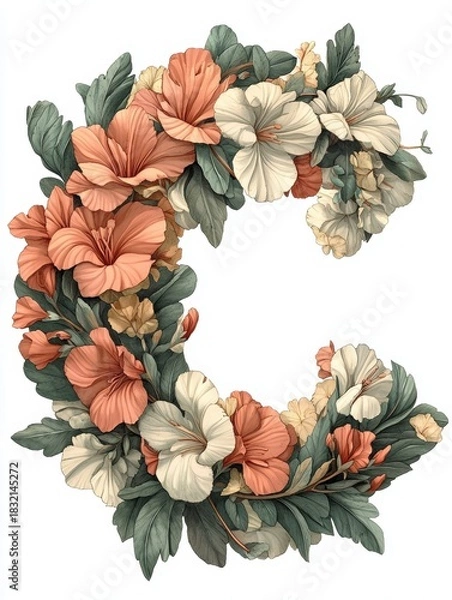 Fototapeta The "C" alphabet on a white background, containing an illustration with a pattern of flowers
