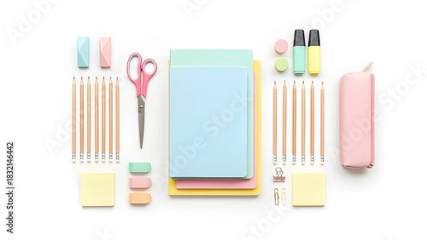 Obraz Neatly arranged school supplies for back-to-school season.