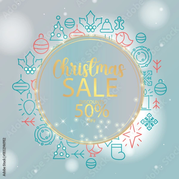 Obraz Festive Christmas Sale Promotion with Line Art Icons and Golden Text
