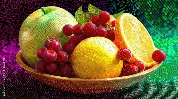 Fototapeta A still life image of a bowl filled with various fruits, including an apple, grapes, orange, and lemon, set against a colorful, textured background.