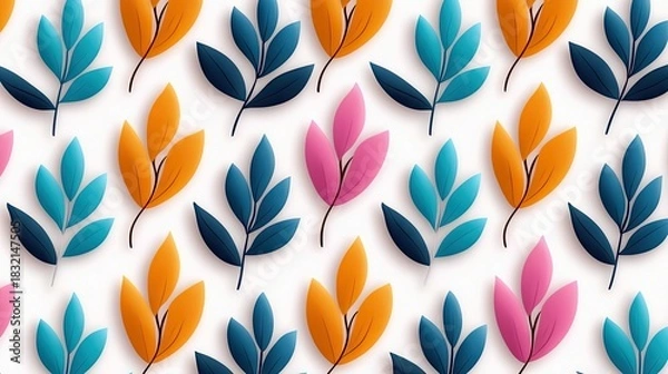 Fototapeta A repeating pattern of colorful leaves in shades of orange, blue, and pink against a white background.