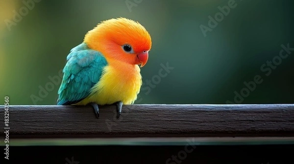 Fototapeta A vibrant lovebird with orange, yellow, and teal plumage is perched on a wooden rail, looking down. The background is a soft green, creating a peaceful scene.