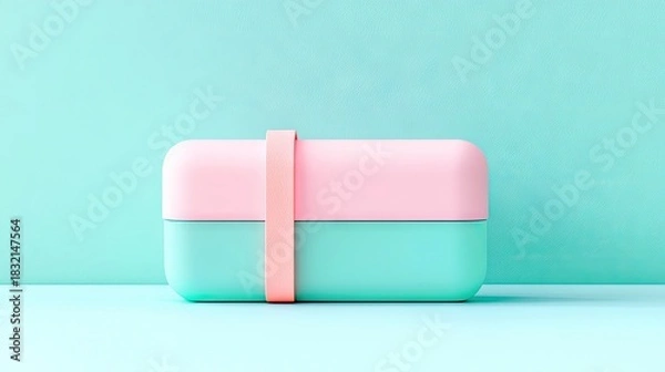 Fototapeta A colorful lunchbox with a strap is centered on a blue background. The lunchbox is pink and teal, and the strap is pink. The background is a solid blue color. S
