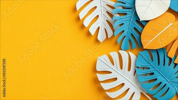 Fototapeta A top-down view of colorful monstera leaves in white, blue, and orange, arranged on a vibrant yellow background. The leaves are stylized and create a modern, tr