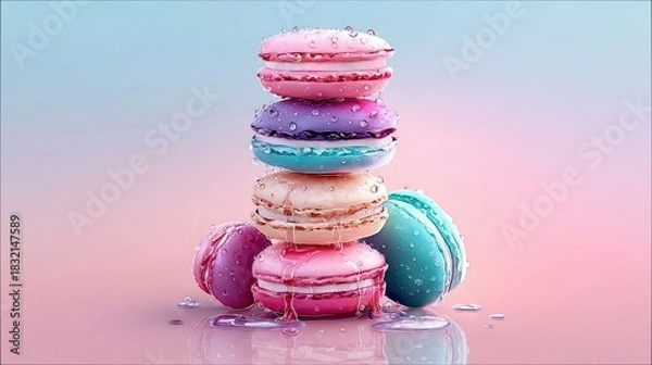 Fototapeta A stack of colorful macarons with water droplets against a soft pink and blue gradient background. The image is a close-up, highlighting the details and texture