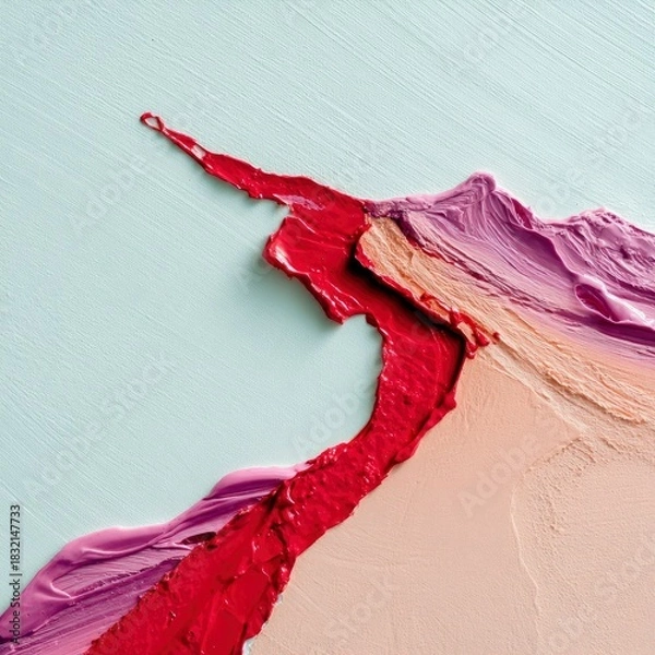 Fototapeta Close-up of vibrant paint strokes in red, pink, and peach colors on a light blue canvas. Abstract art with textured details.