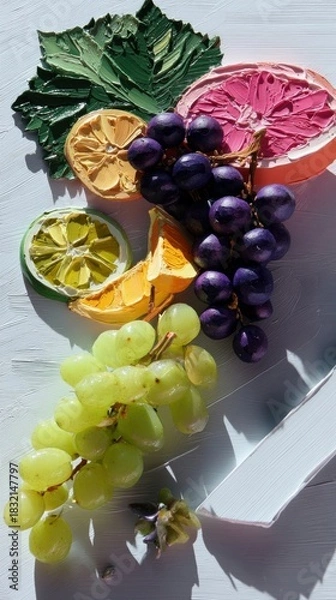 Fototapeta A vibrant still life of painted fruits, including grapes, citrus slices, and a grapefruit, arranged on a white surface, illuminated by bright sunlight.
