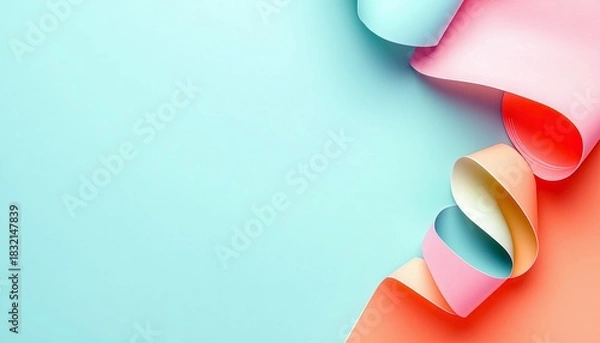 Fototapeta Abstract composition of curled colorful paper against a blue and orange background, creating a visually appealing design.