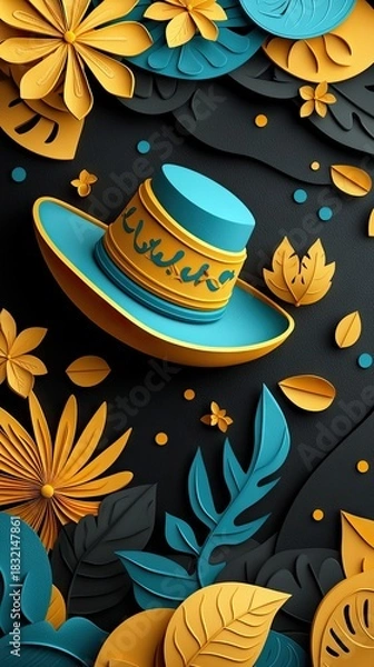 Fototapeta A vibrant paper art illustration featuring a sombrero surrounded by flowers and leaves in shades of yellow, blue, and black, creating a decorative and artistic