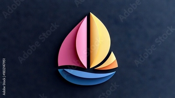 Fototapeta A colorful paper sailboat design against a dark blue textured background. The image is a studio shot with vibrant colors and a clean, modern aesthetic.