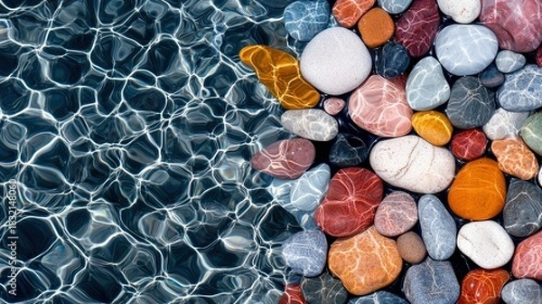 Fototapeta Close-up of colorful pebbles partially submerged in water, with light reflections creating a textured surface.