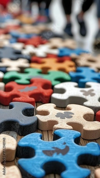 Fototapeta Close-up of colorful puzzle pieces arranged on a wooden surface, with blurred figures in the background.