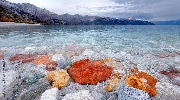 Fototapeta Close-up of colorful rocks in clear water with mountains in the background under a cloudy sky at dusk.