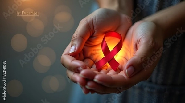 Obraz Inspirational World AIDS Day design with a luminous red ribbon resting in open hands, gentle golden glow, soft-focus bokeh background, and highlighted “1st December” text, emotional and uplifting