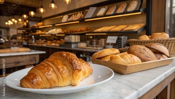 Fototapeta Freshly baked croissant on a plate in a bakery with bread on display shelf