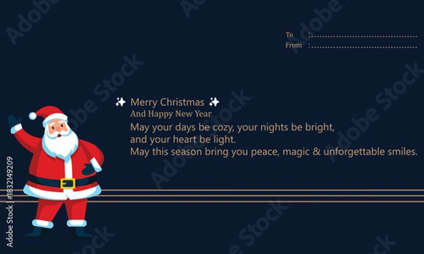 Obraz Santa Claus wishes Merry Christmas and Happy New Year with cozy days, bright nights, light hearts, peace, magic, and smiles on a stylish blue card