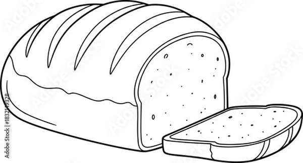 Obraz Outline vector illustration of a freshly baked loaf of bread, partially sliced, showing texture and grain, ideal for bakery menus, packaging, or food-themed design.