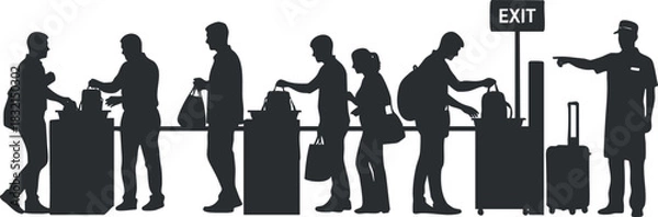 Fototapeta A silhouette illustration of passengers going through airport security check-in in black and white vector style, suitable for travel and transportation themes