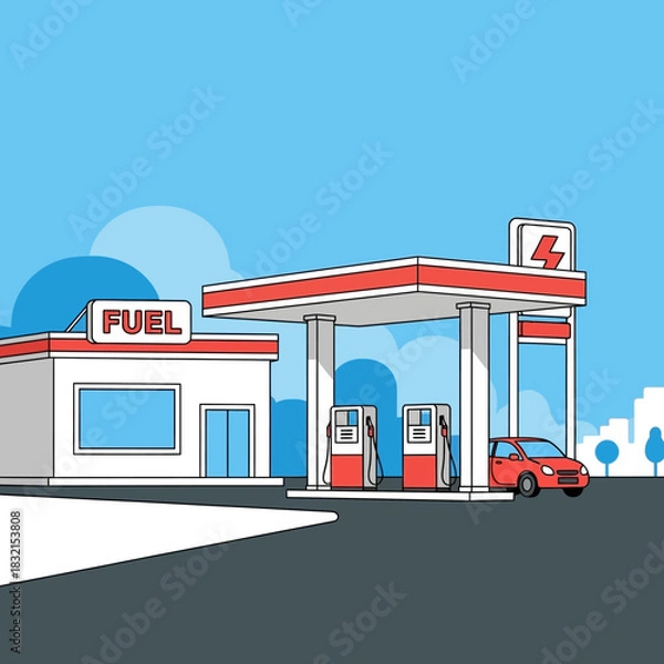 Obraz Modern gas station with car and fuel pumps in line art illustration