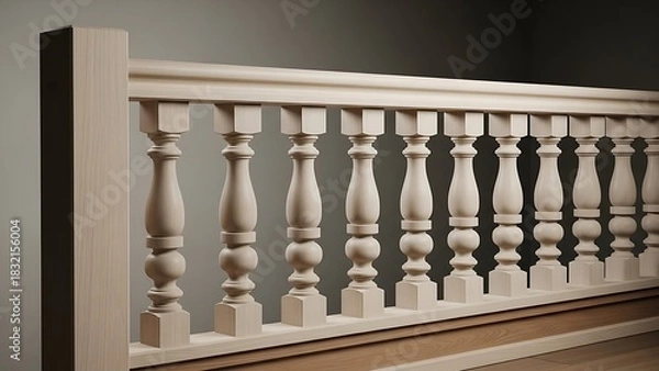 Fototapeta Elegant wooden balustrade with decorative spindles and a neutral color scheme