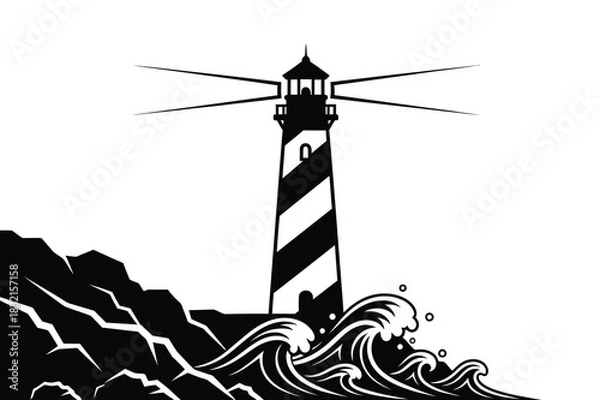 Fototapeta Lighthouse by the sea on rocky coastline with waves silhouette vector illustration