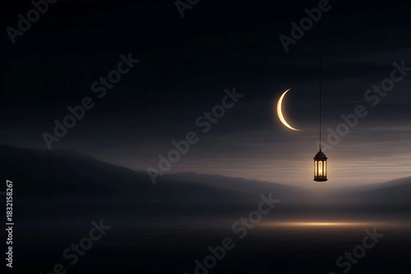Obraz ramadan decorations, ramadans soft glow of lanterns under the crescent moon creates a peaceful, spiritual mood in the serene night sky