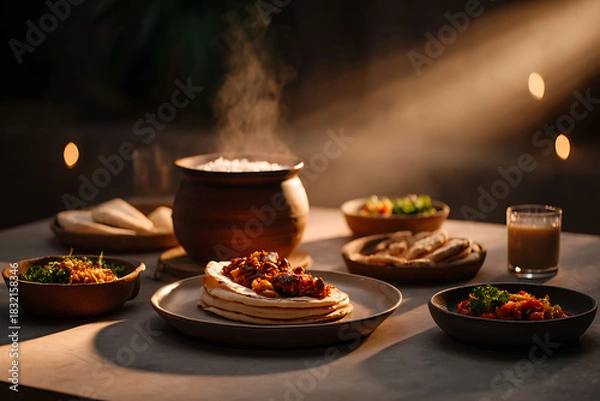 Obraz ramadan dinner, festive family gathering around a traditional iftar feast, with warm lighting adding to the ambiance