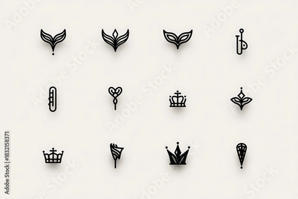 Obraz mardi gras iconography, mardi gras icons in minimalistic line art masks, beads, trumpets, and crowns