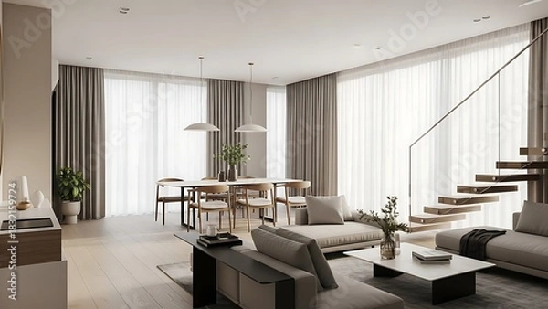 Fototapeta Bright and airy living space showcasing a modern open concept design with neutral color palette.