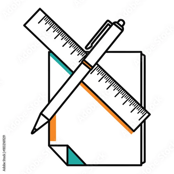 Fototapeta Simple line art icon of a pen and ruler crossed over a piece of paper