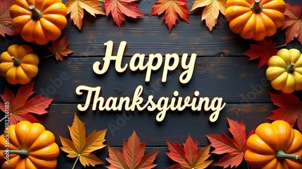 Fototapeta Artistic Thanksgiving greeting text with a variety of orange, green, and white pumpkins, decorative squash, and fall leaves spread across a dark rustic wooden surface, cinematic shadows