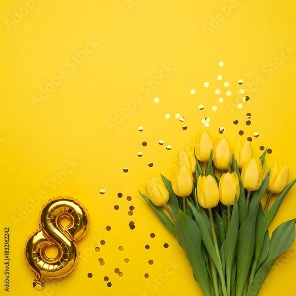 Fototapeta Yellow tulips and number 8 balloon with confetti on yellow background.